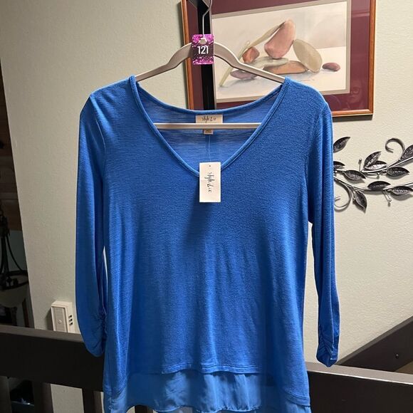 NWT Style & Co XS Blue Women's Top V-Neck 3/4 gathered Sleeves #121 - Picture 4 of 5